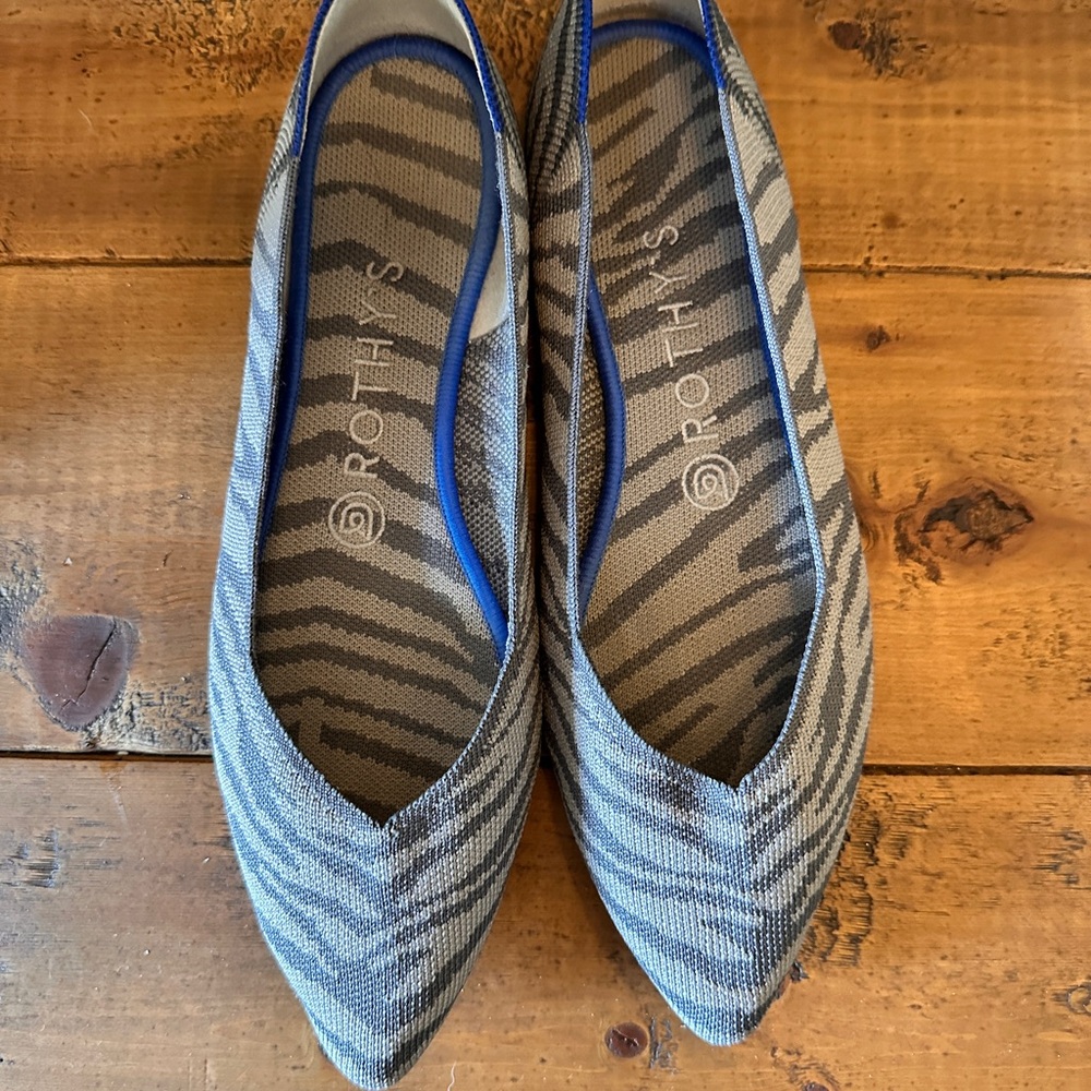 Rothy's Gray Zebra-Print Pointed Flats with Blue Trim
